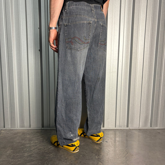 Embroidered Grey Blue Japanese Denim Hip Hop Y2K Baggy Jeans - 34S