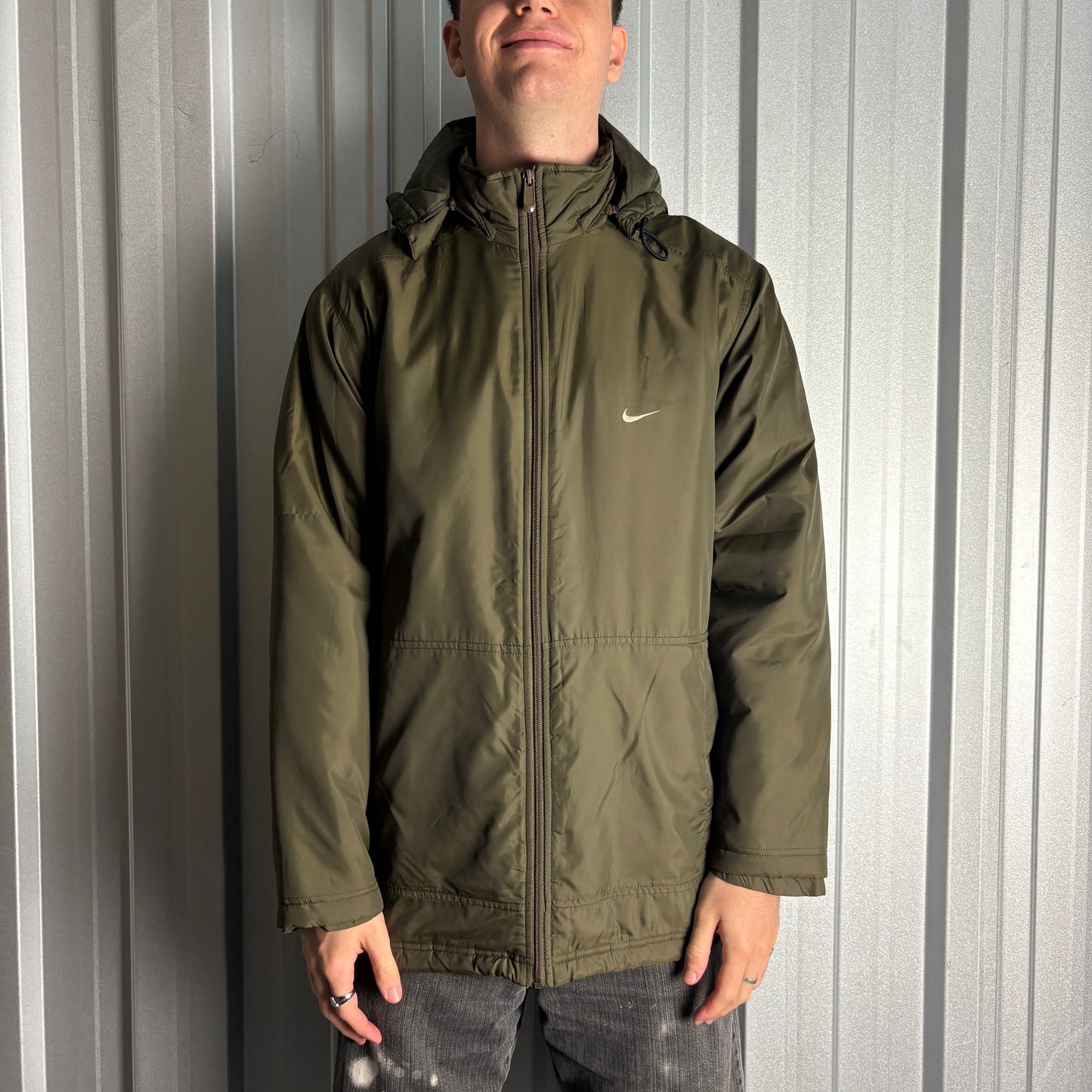 Vintage Nike 00s Y2K Swoosh Green Parka Coat Puffer Jacket - M
