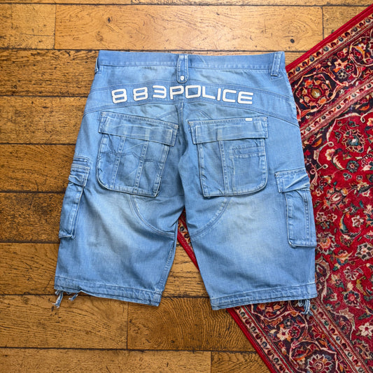 Vintage 883 Police Blue Cargo Embroidered Y2K Hip Hop Jeans Shorts Jorts - 38