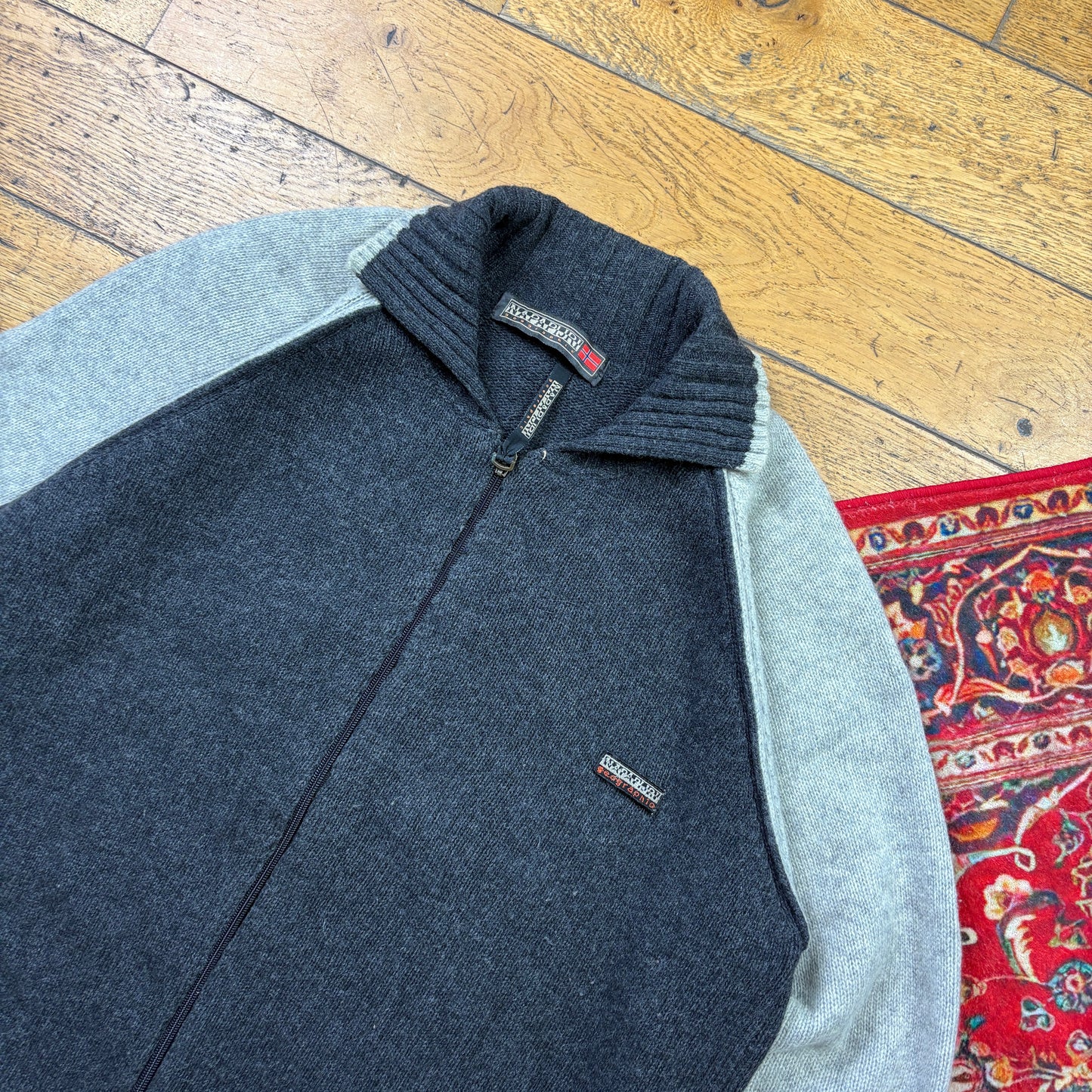 Vintage Napapijri Grey Zip Knit Jumper - L