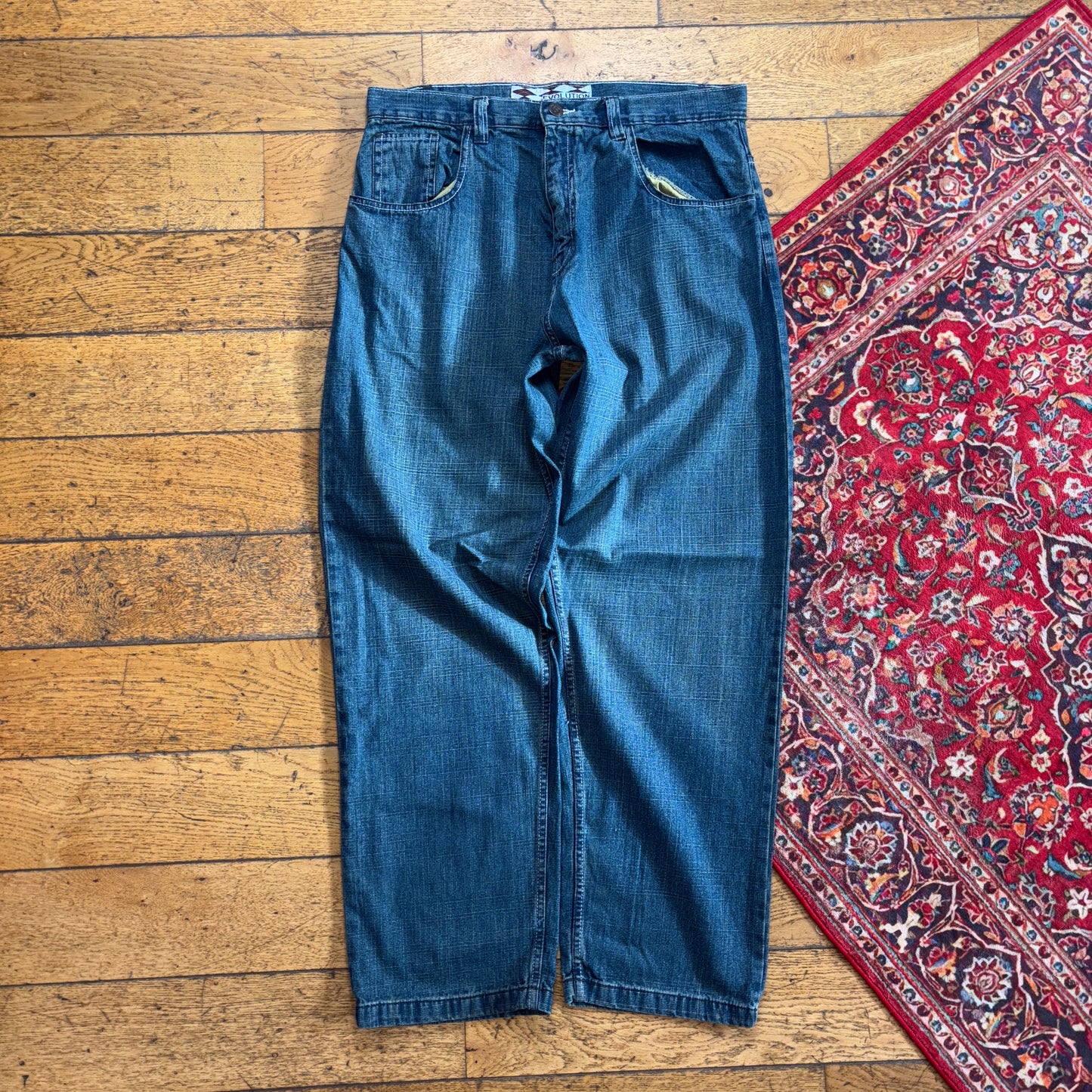 Vintage Evolution in Design Blue Embroidered Y2K Hip Hop Baggy Jeans - 36