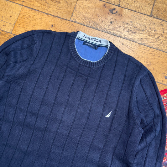 Vintage Nautica Navy Cable Embroidered Knit Jumper - M