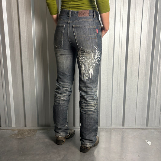 Embroidered Blue Japanese Denim Hip Hop Y2K Baggy Jeans - 30R