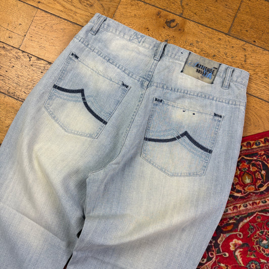 Vintage Blue Embroidered Y2K Hip Hop Baggy Jeans - 36