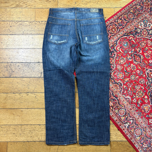 Vintage Blue Embroidered Y2K Hip Hop Baggy Jeans - 38