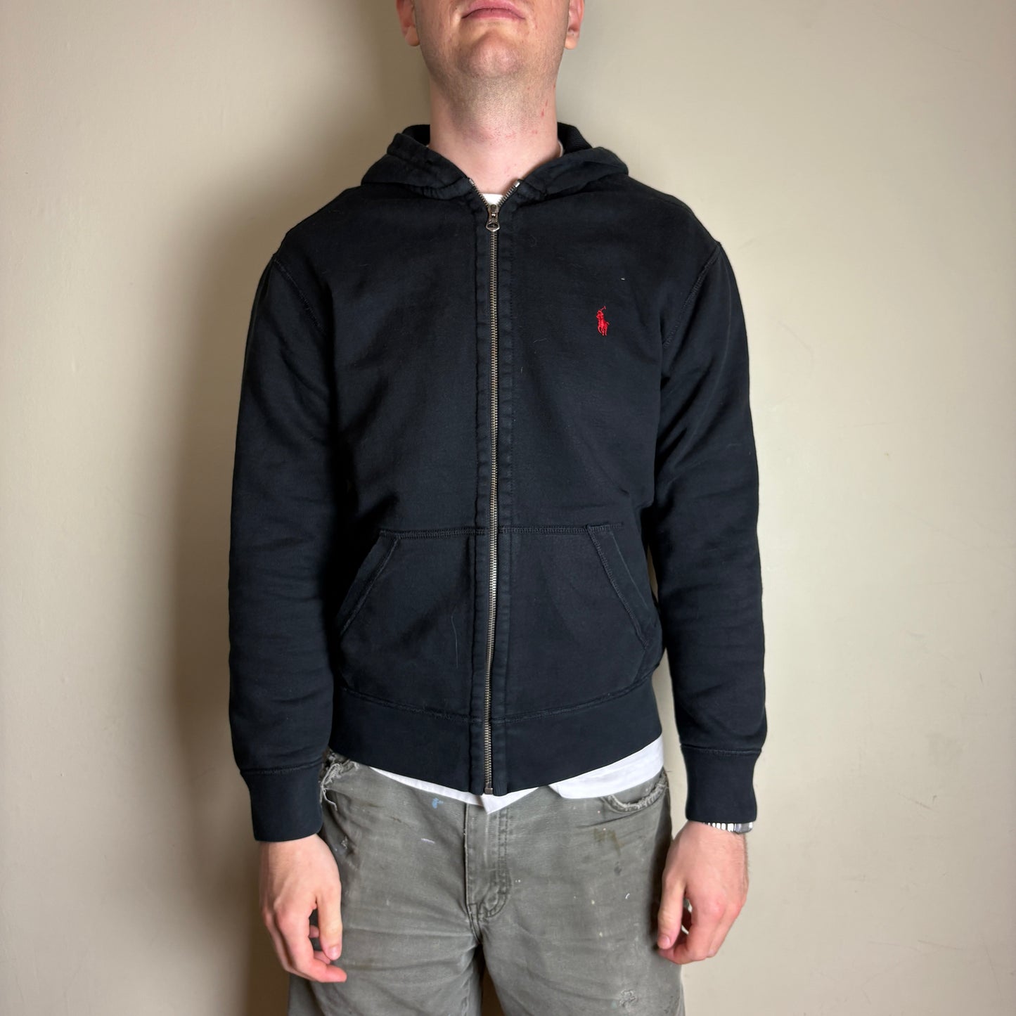 Vintage Ralph Lauren Black Zip Hoodie Embroidered Sweatshirt - M