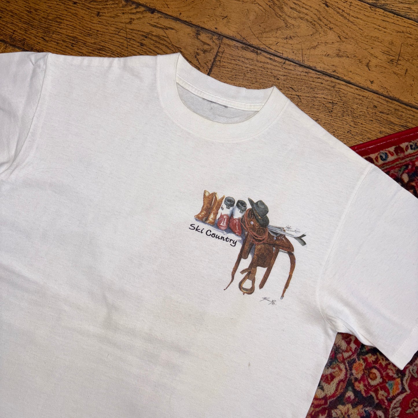 Vintage 90s Cowboy Ski White Single Stitch Graphic T-Shirt - S