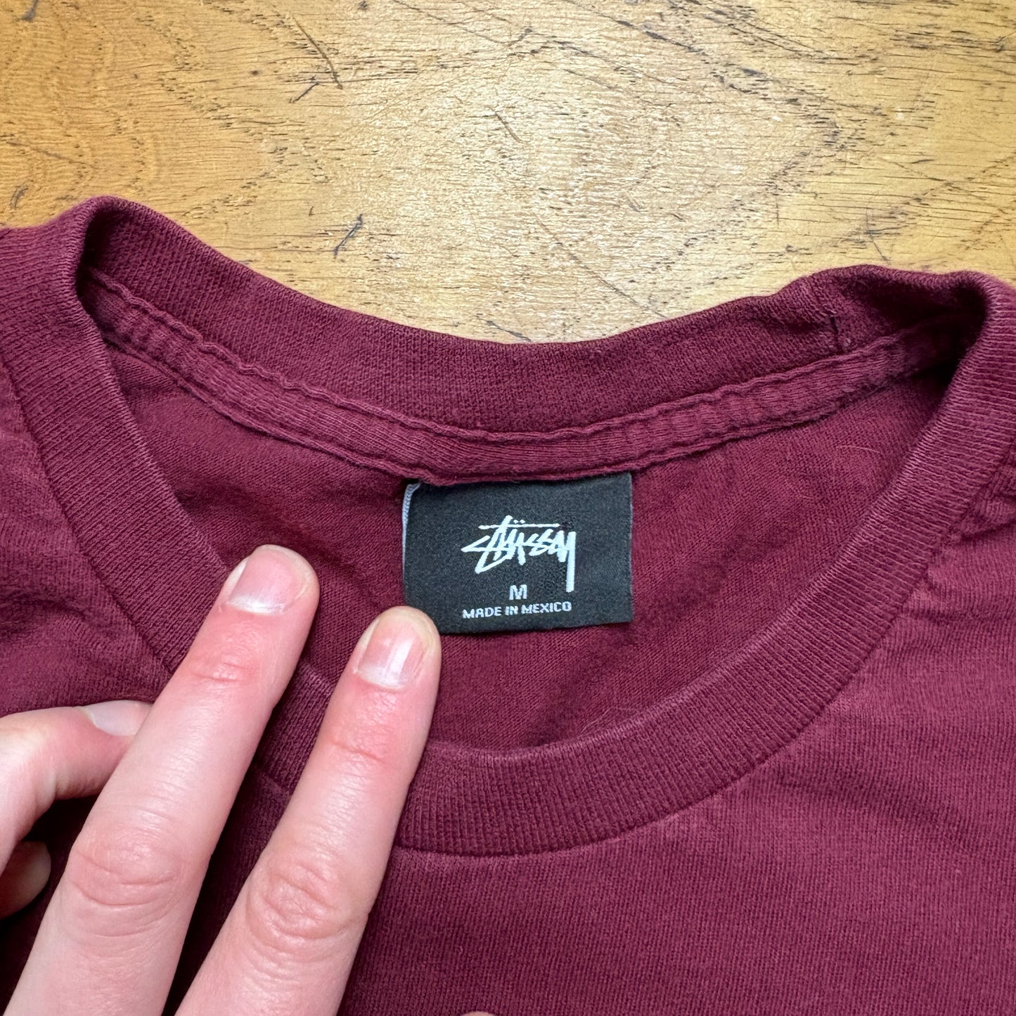 Vintage Stussy Dinosaur Burgundy Graphic T-Shirt - XS