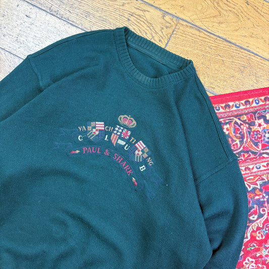 Vintage Paul and Shark Green Embroidered Chunky Knit Jumper - L