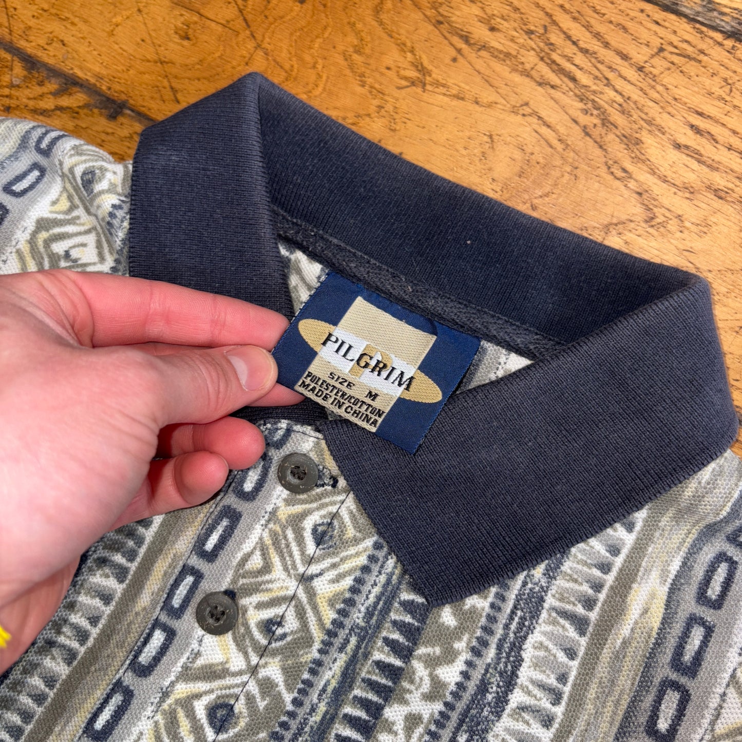 Vintage Grey Green 90s Pattern Golf Polo Shirt - L