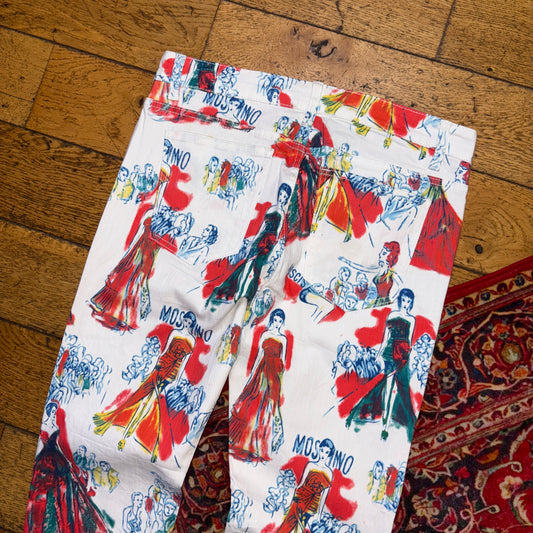 Vintage Graphic All Over Print White Slim Jeans - 34R