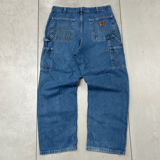 Vintage Carhartt Workwear Carpenter Baggy Blue Jeans - 34