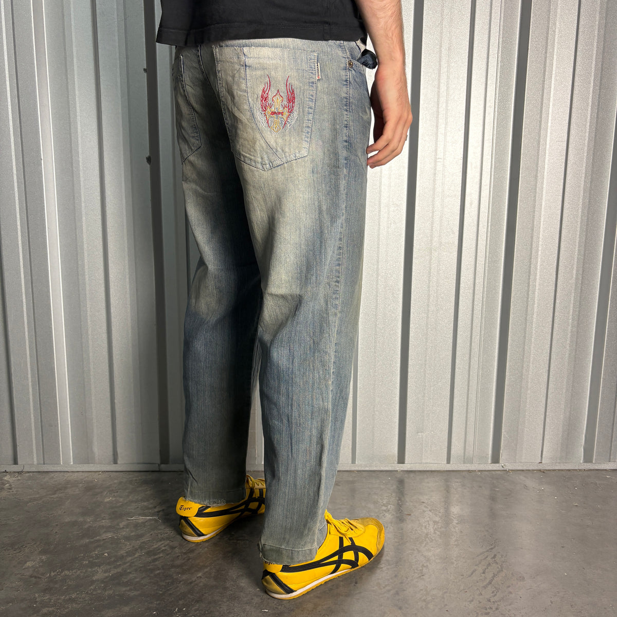 Embroidered Blue Crucifix Japanese Denim Hip Hop Y2K Baggy Jeans - 34S