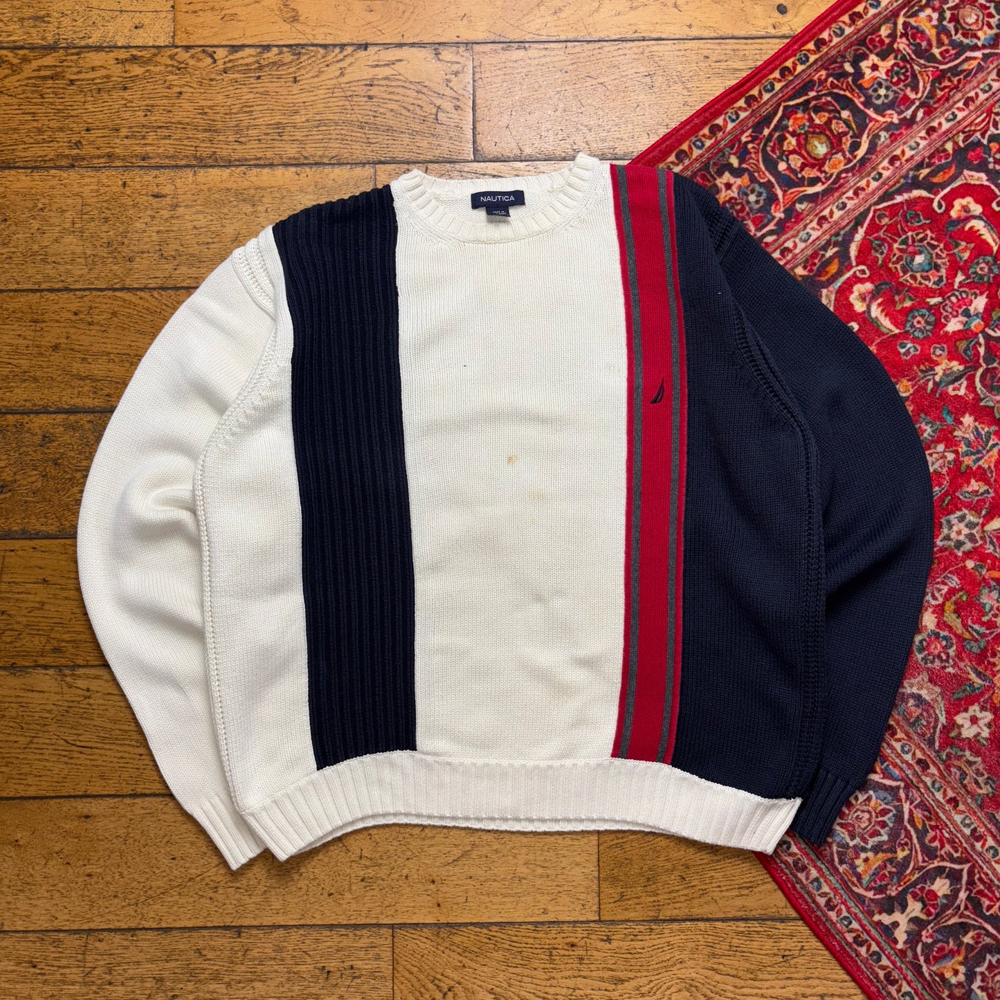 Vintage Nautica Cream Navy Stripe Embroidered Knit Jumper - XL