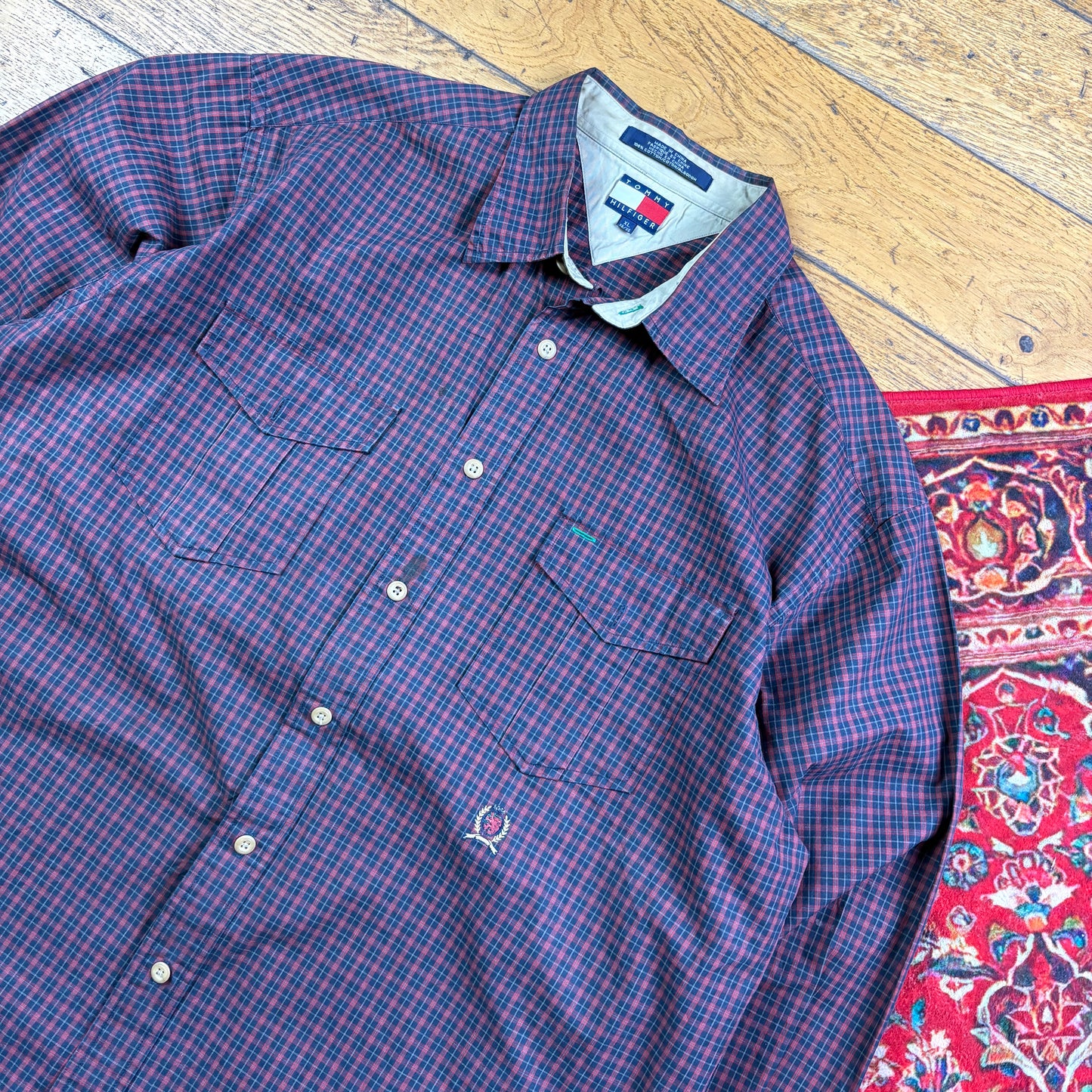 Vintage Tommy Hilfiger Burgundy Check Embroidered Shirt - XL