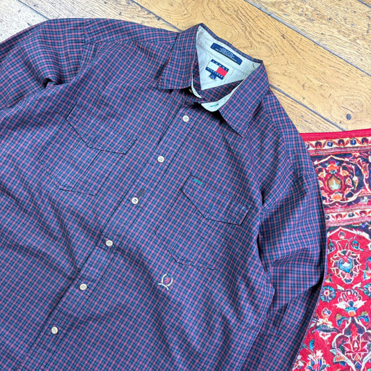 Vintage Tommy Hilfiger Burgundy Check Embroidered Shirt - XL
