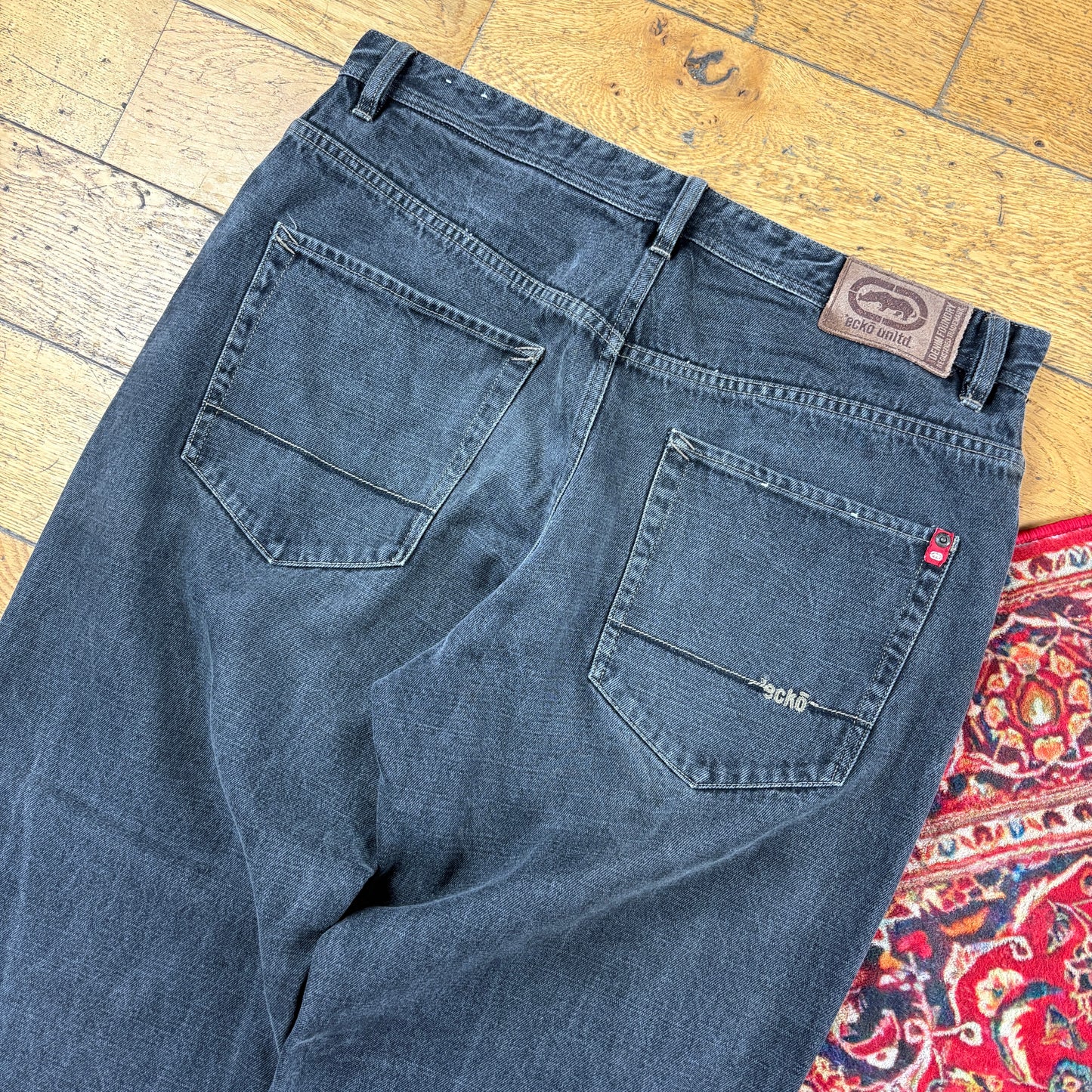 Vintage Ecko Unltd Black Embroidered Y2K Hip Hop Baggy Jeans - 38