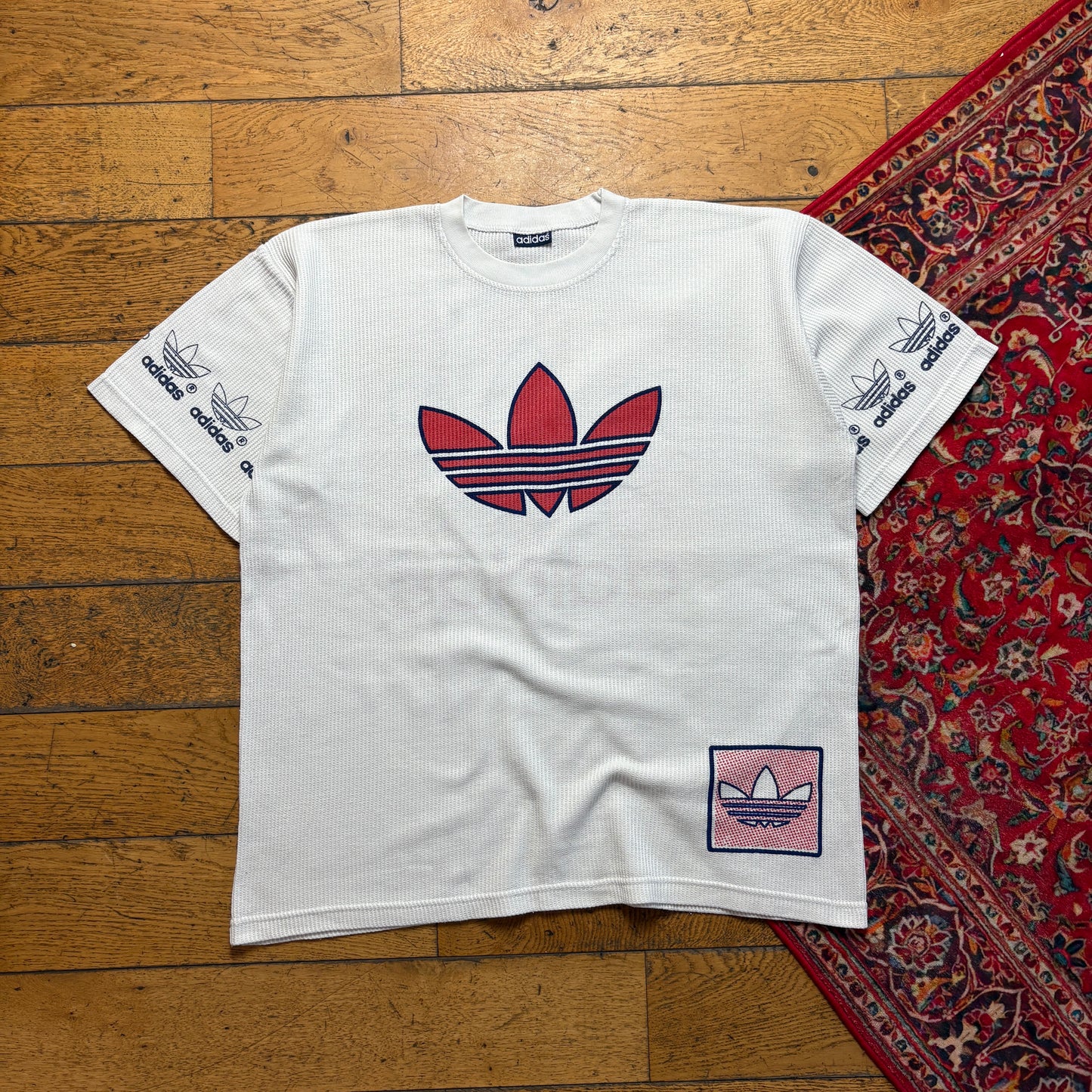 Vintage 90s Adidas Waffle Heavyweight White Graphic T-Shirt - XL