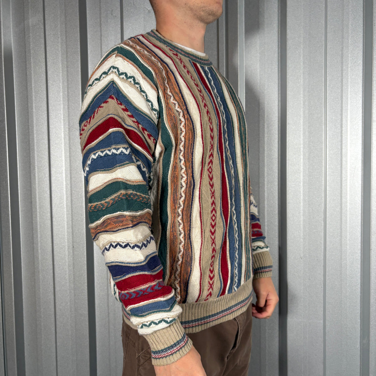 Coogi Style Cream Red Pattern Funky Knit Jumper - L