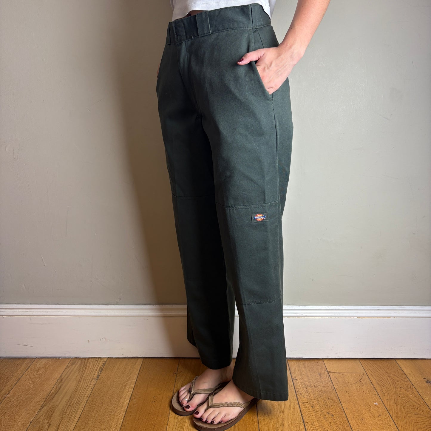 Vintage Dickies 874 Green Double Knee Pleated Skate Chino Trousers - 30S