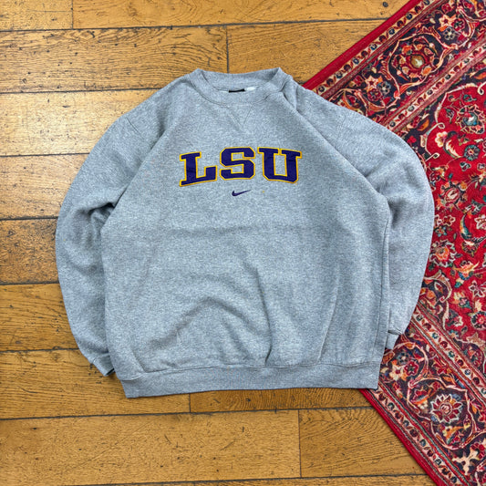 Vintage Nike LSU Grey American College Embroidered Sweatshirt - M