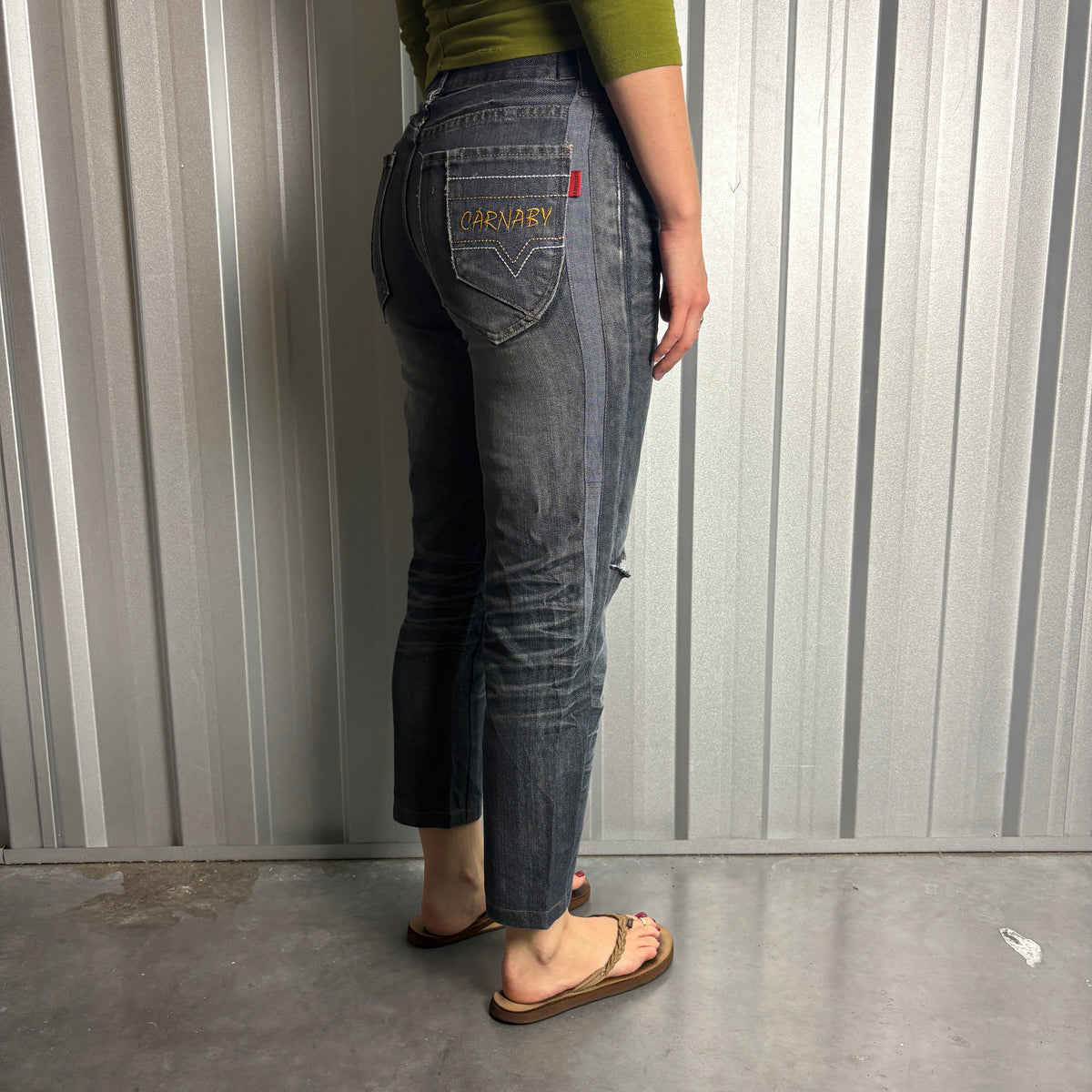 Embroidered Blue Capri Japanese Denim Hip Hop Y2K Jeans - 28