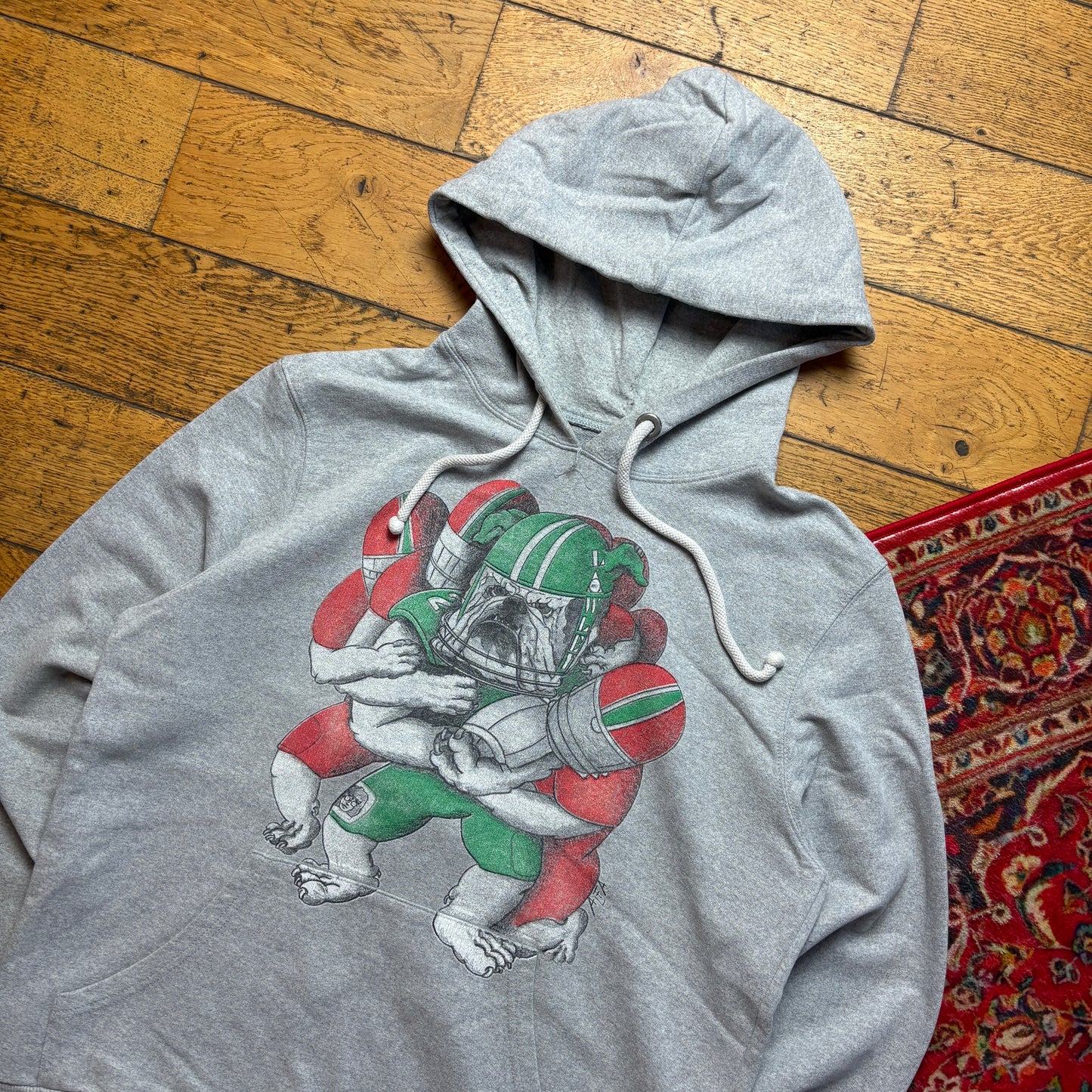 Vintage 90s American Football Bulldog Grey Hoodie Sweatshirt - S