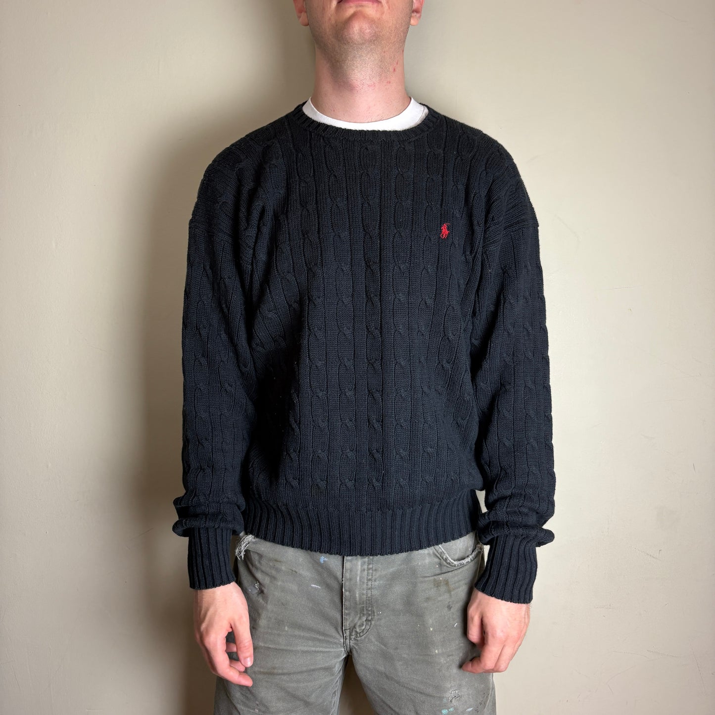 Vintage Ralph Lauren Black Crewneck Cable Chunky Knit Jumper - M