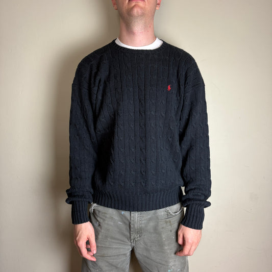 Vintage Ralph Lauren Black Crewneck Cable Chunky Knit Jumper - M