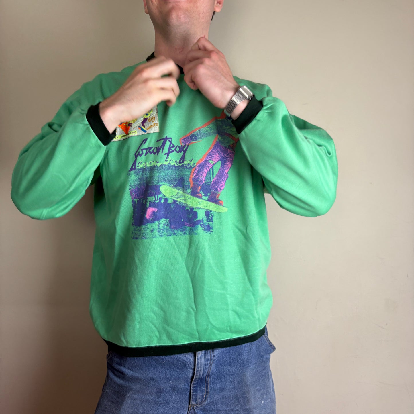 Vintage 90s Green Snowboard Ski Graphic Sweatshirt - XL