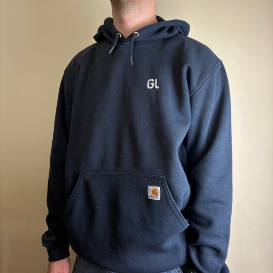 Vintage Carhartt Navy Hoodie Embroidered Sweatshirt - L