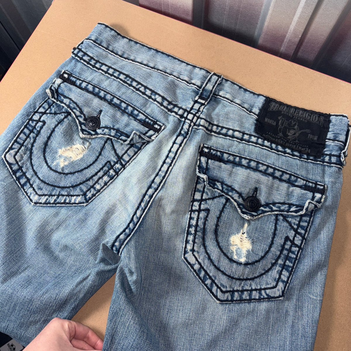 True Religion Ricky Super T Baggy Embroidered Bootcut Jeans Blue y2K - 38L