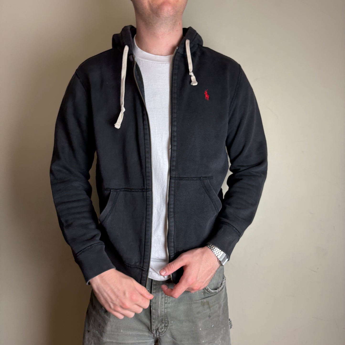 Vintage Ralph Lauren Black Zip Hoodie Embroidered Sweatshirt - M