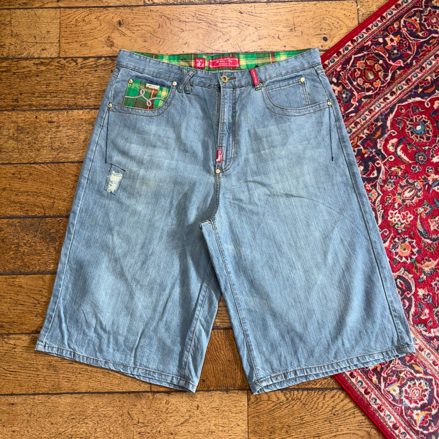Vintage LRG Blue Embroidered Y2K Hip Hop Baggy Jeans Shorts Jorts - 38