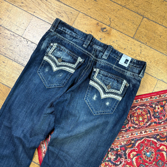 Vintage Blue Embroidered Y2K Hip Hop Straight Jeans - 40