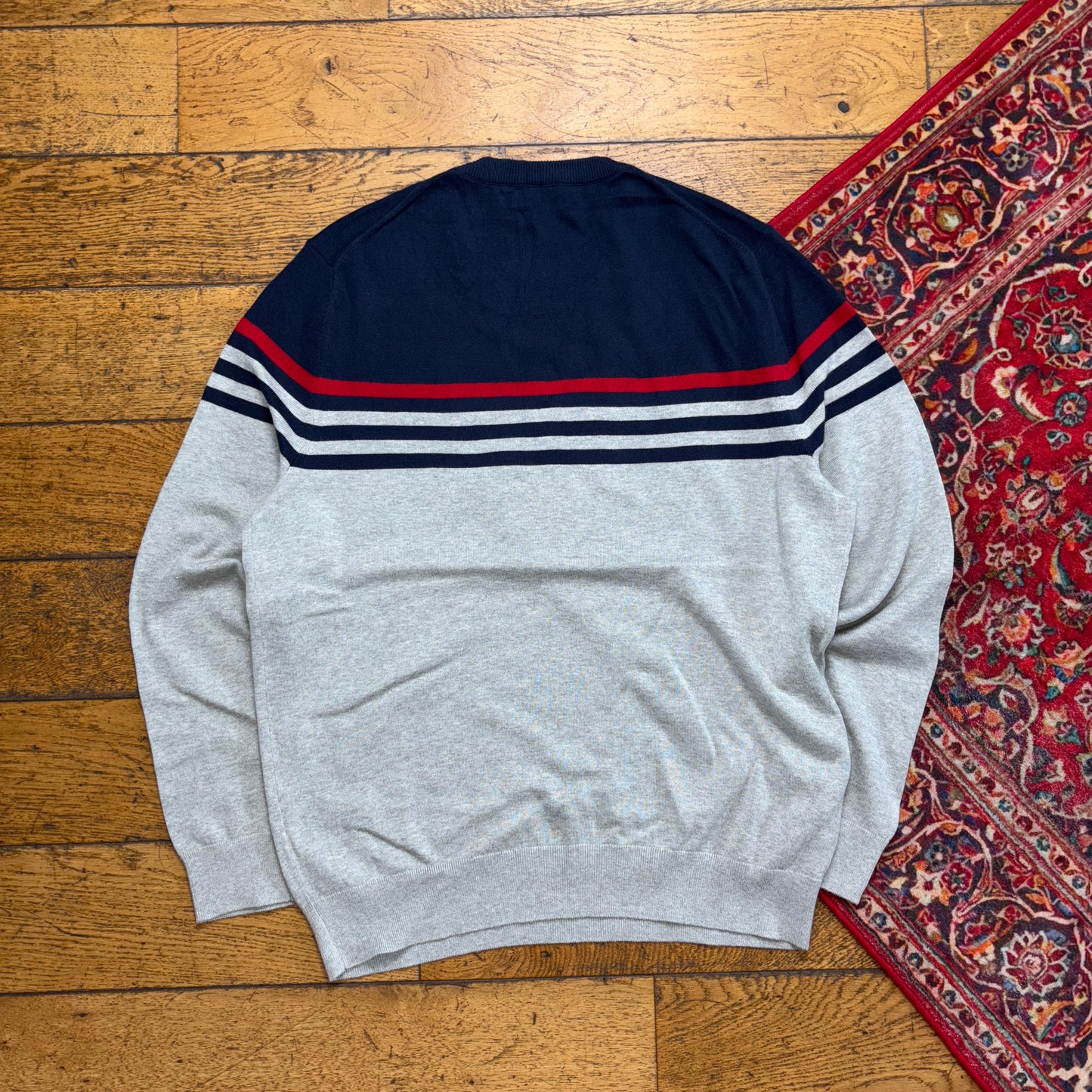 Vintage Nautica Grey Navy Stripe Embroidered Knit Jumper - M