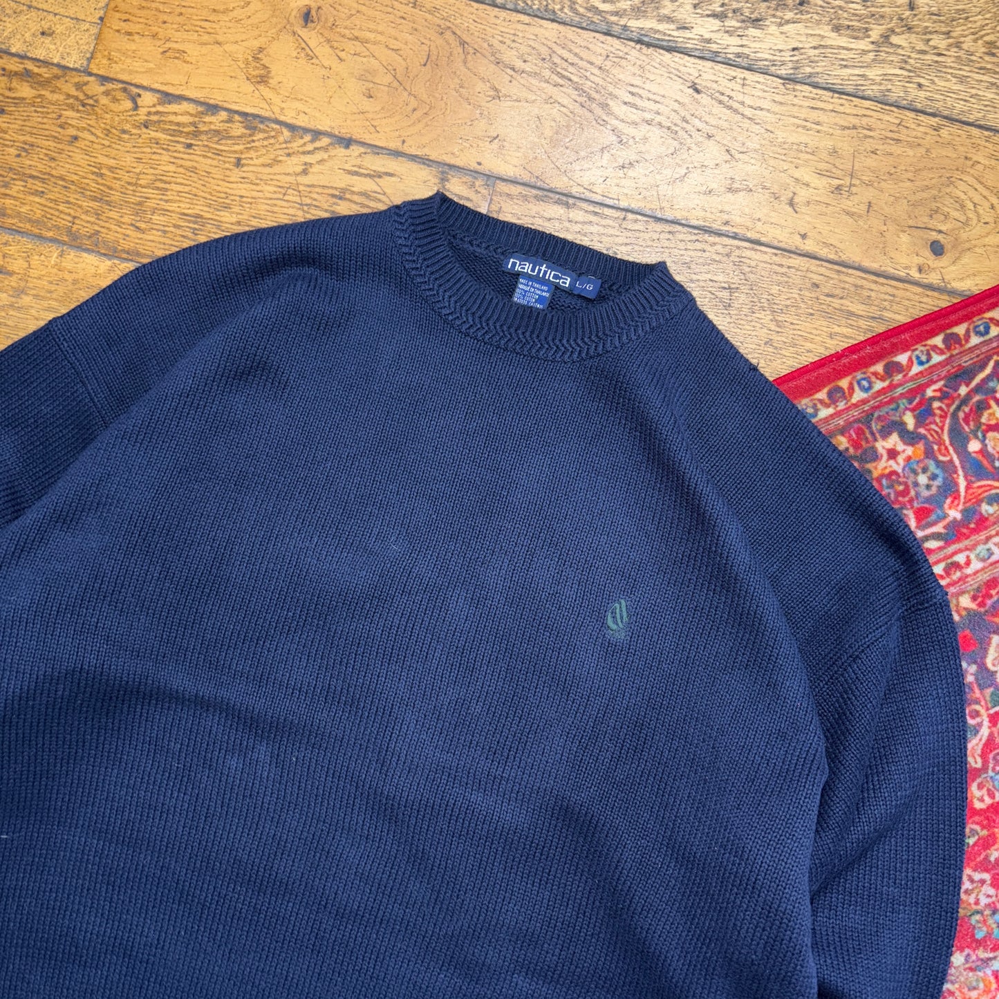 Vintage Nautica Navy Embroidered Knit Jumper - XL