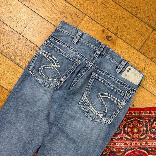 Vintage Silver Jeans Blue Embroidered Y2K Hip Hop Baggy Jeans - 36