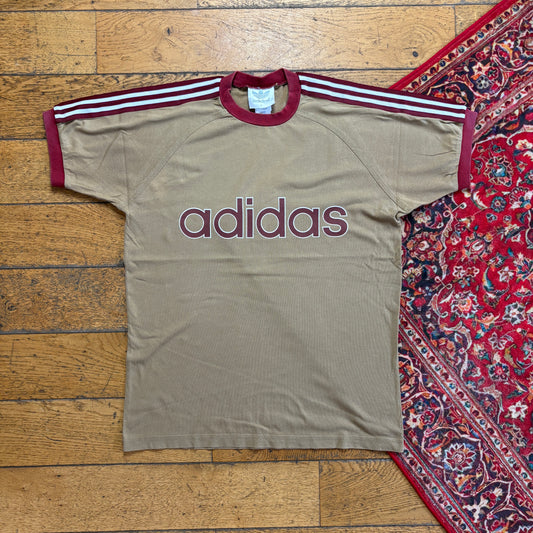 Vintage 90s Adidas Khaki Ringer Graphic T-Shirt - S