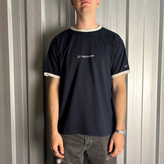 Vintage Tommy Hilfiger Black Ringer Graphic Y2K 00s T-Shirt - XL