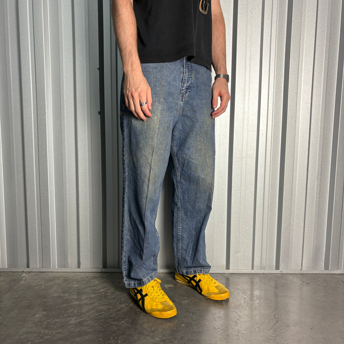 Route 66 Blue Carpenter Embroidered Japanese Denim Hip Hop Y2K Baggy Jeans - 34S