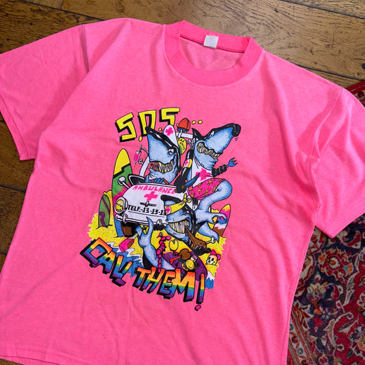 Vintage Pink Shark Ambulance Rainbow Graphic T-Shirt - M
