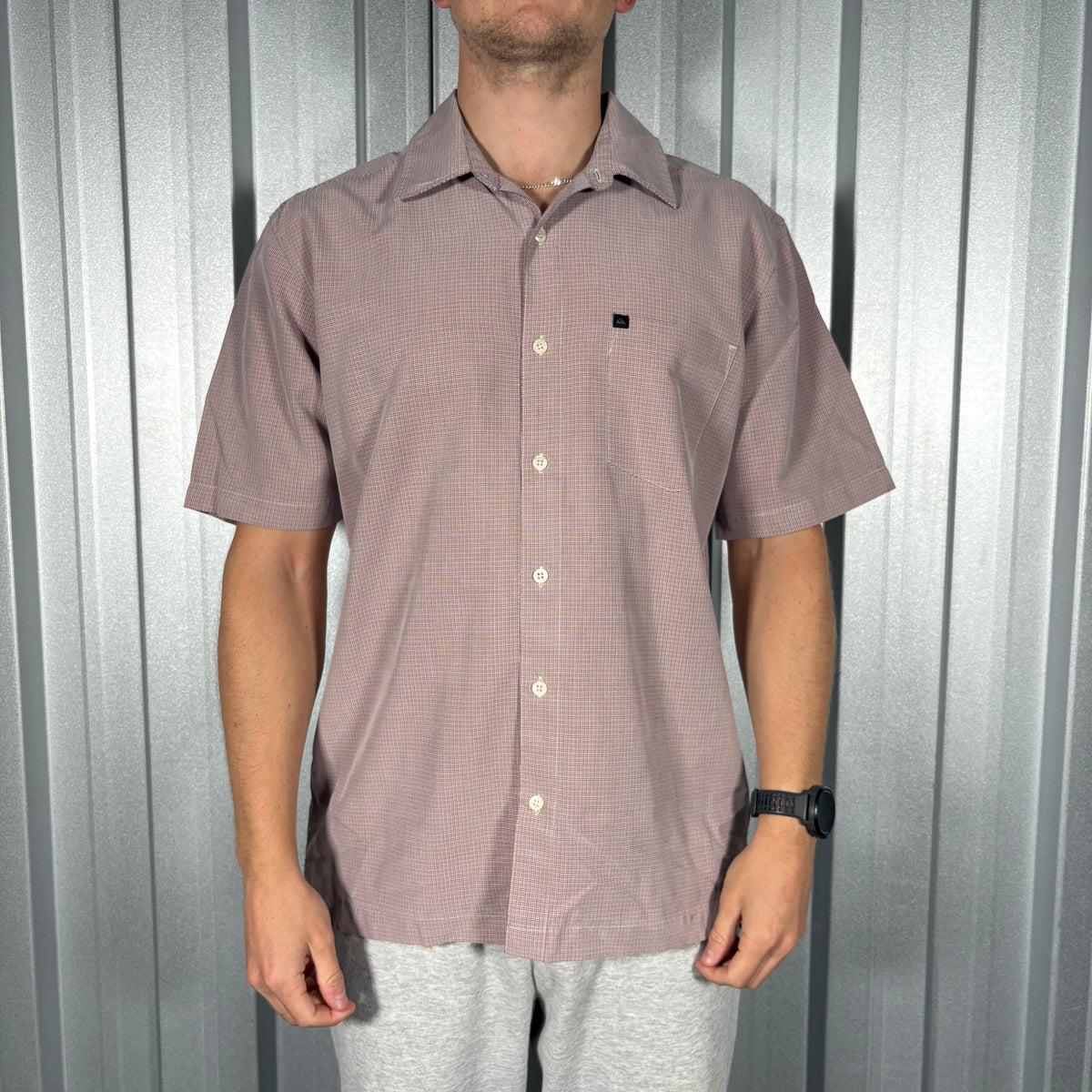Quiksilver Pink Red Check Plaid Short Sleeve Shirt - M
