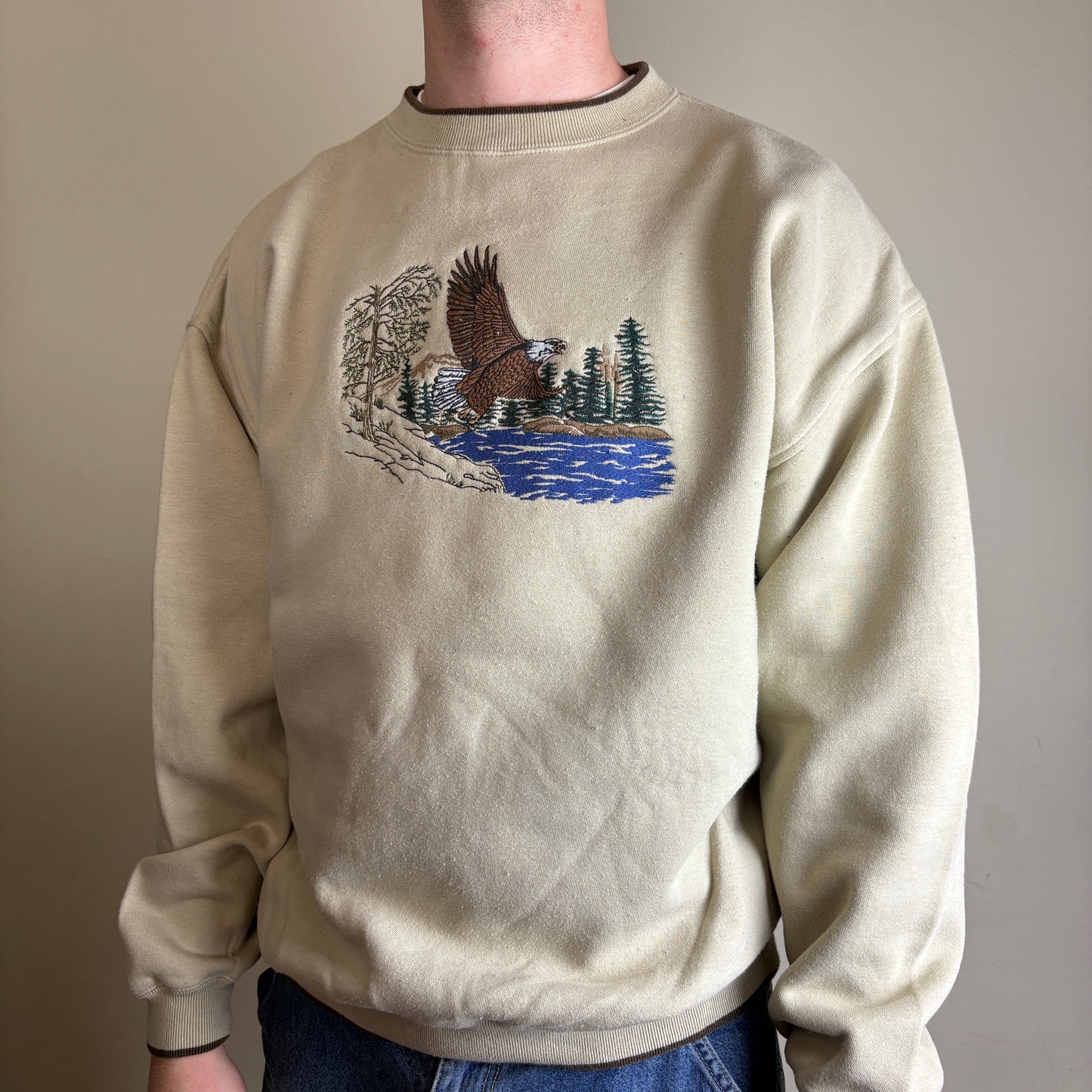 Vintage Eagle Nature Cream Embroidered Sweatshirt - L