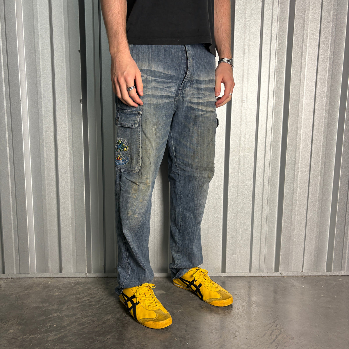 Embroidered Blue Dragon Japanese Denim Hip Hop Y2K Baggy Jeans - 36R