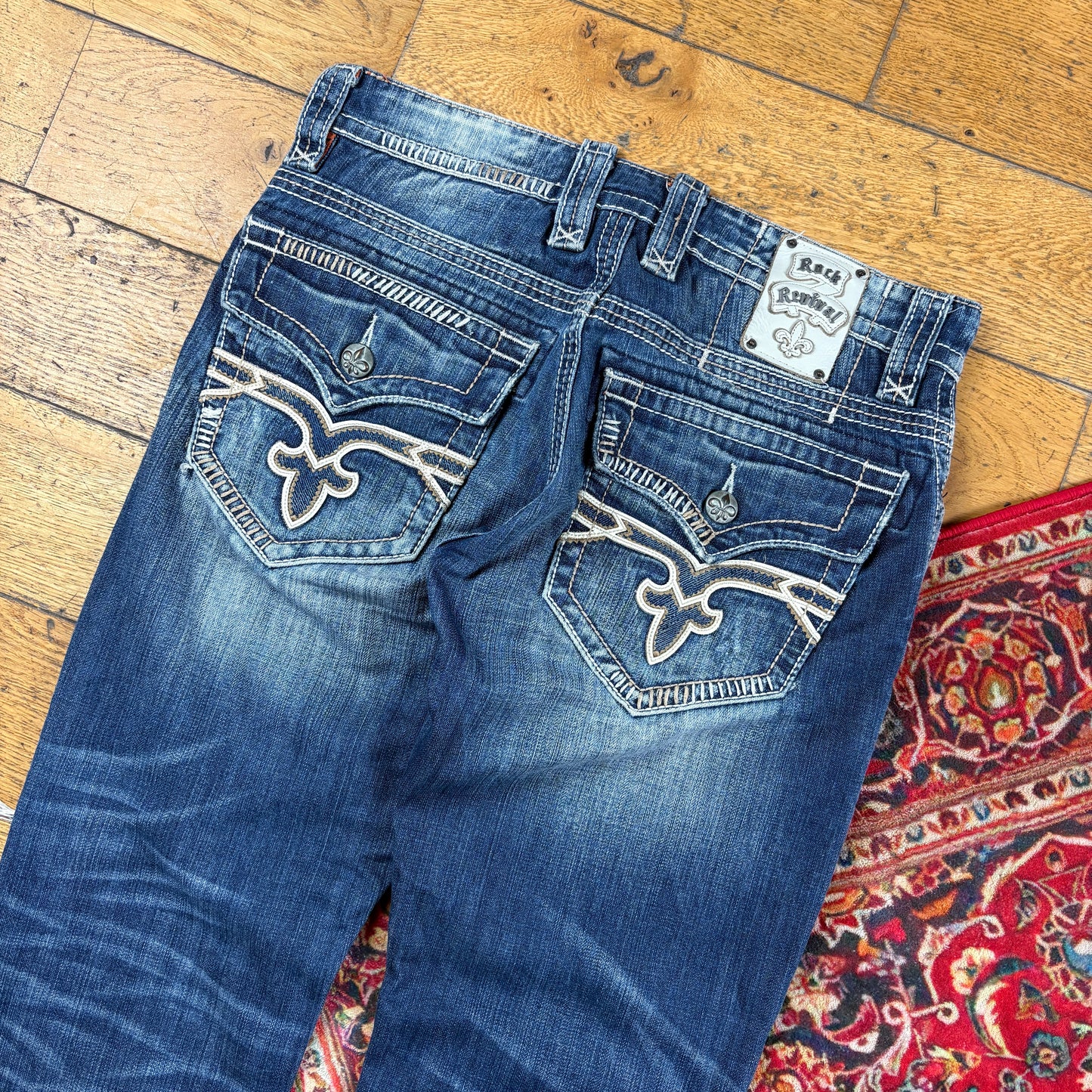 Vintage Rock Revival Blue Embroidered Y2K Hip Hop Straight Jeans - 36