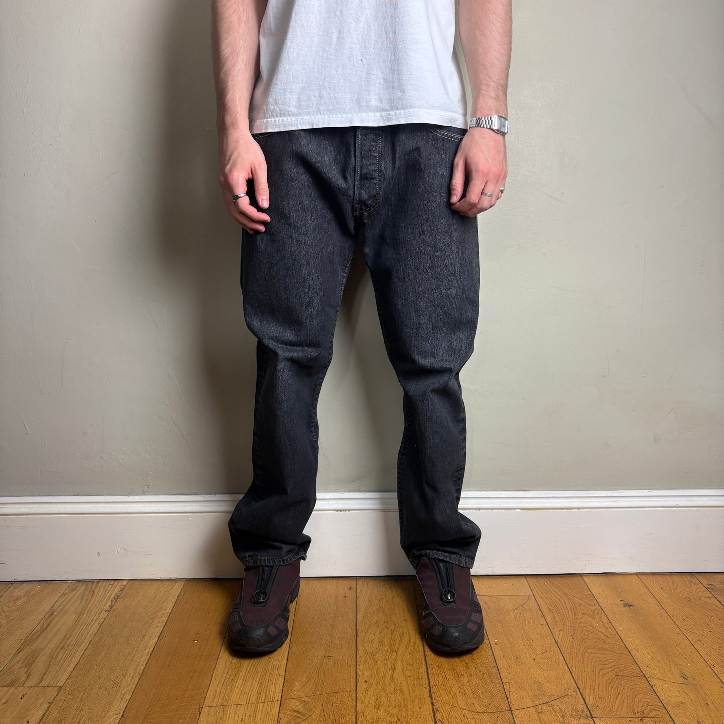 Vintage Levis 501 Straight Washed Black Denim Jeans - 38R