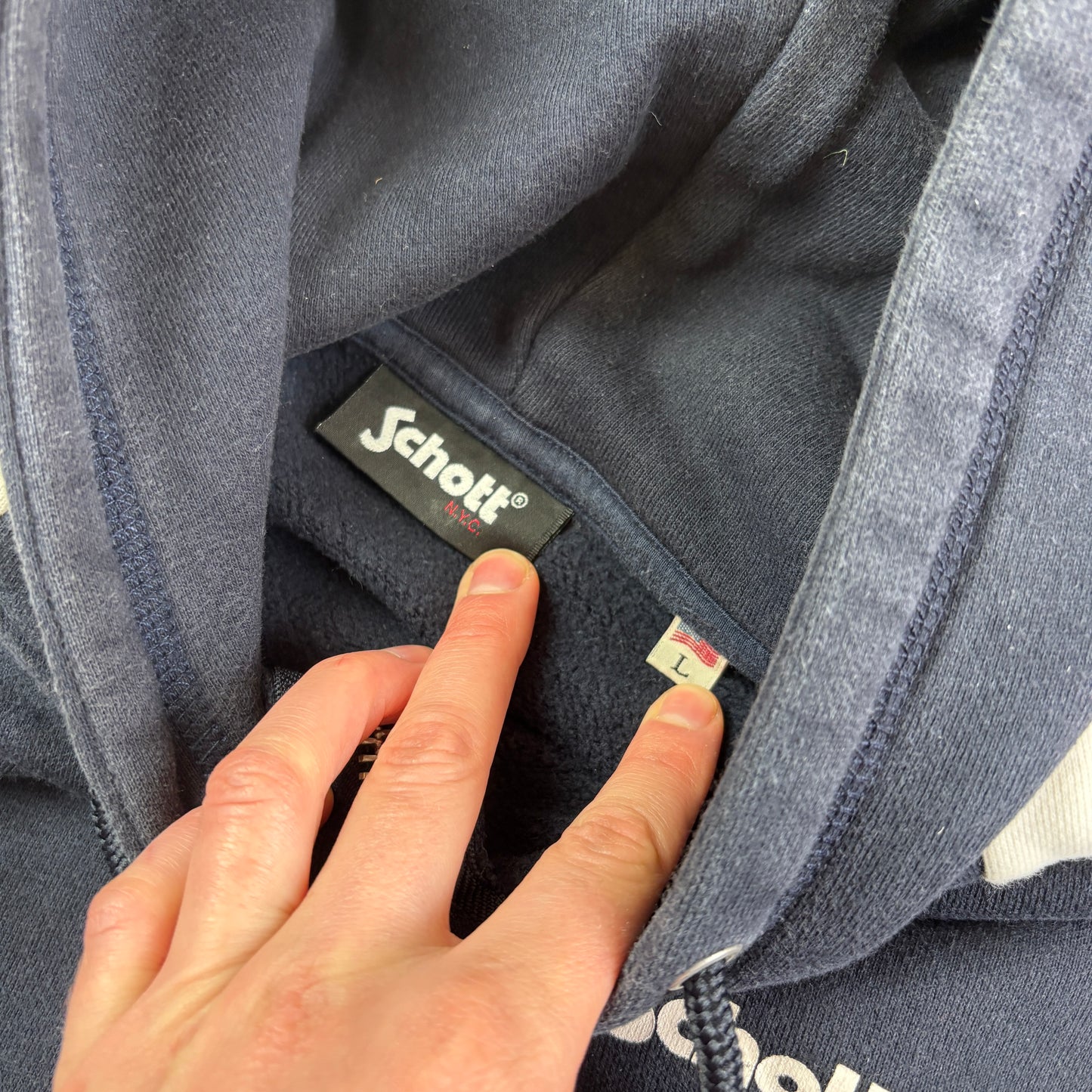 Vintage Schott Navy Hoodie Sweatshirt - L