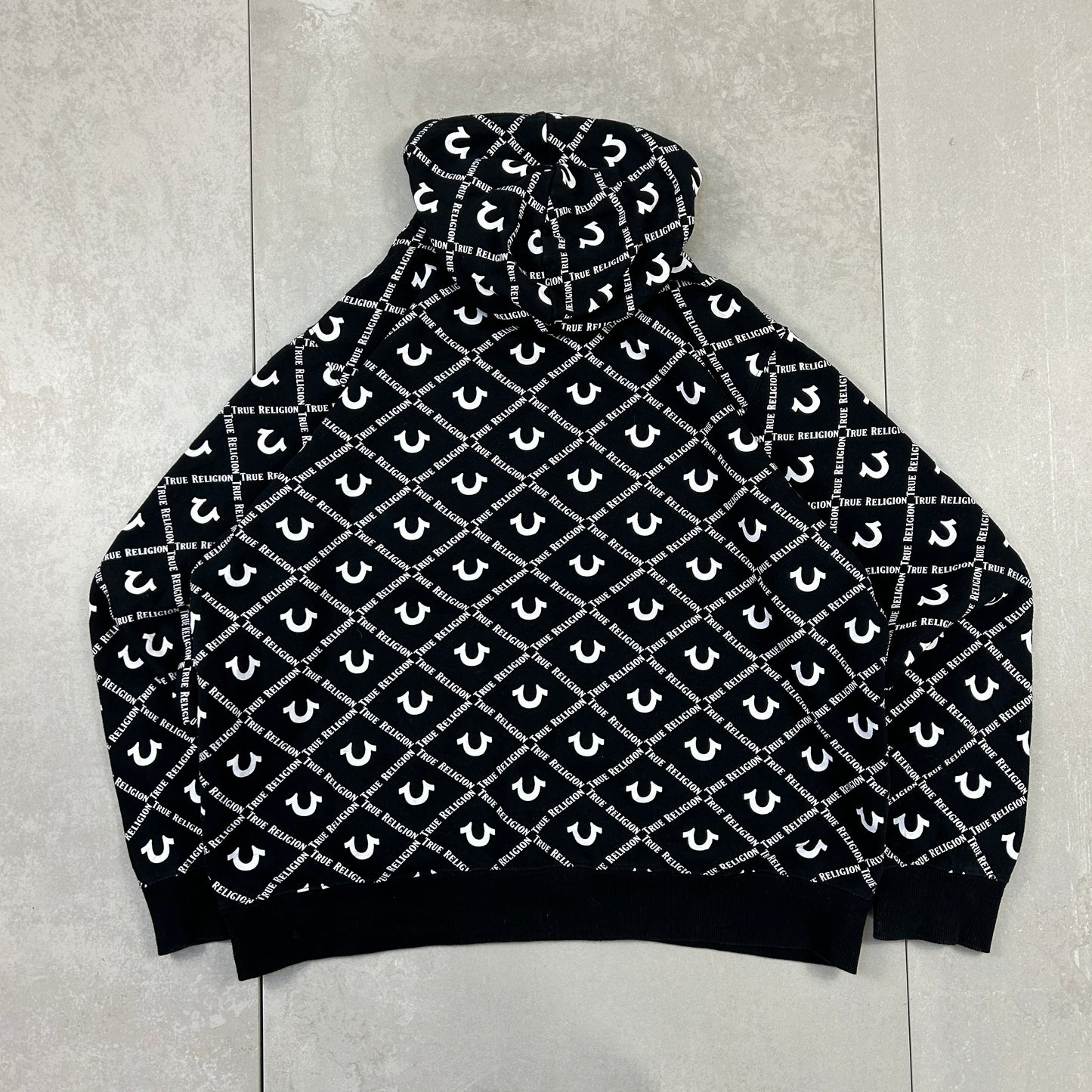 Vintage 00s True Religion All Over Print Black Hoodie Sweatshirt - 3XL