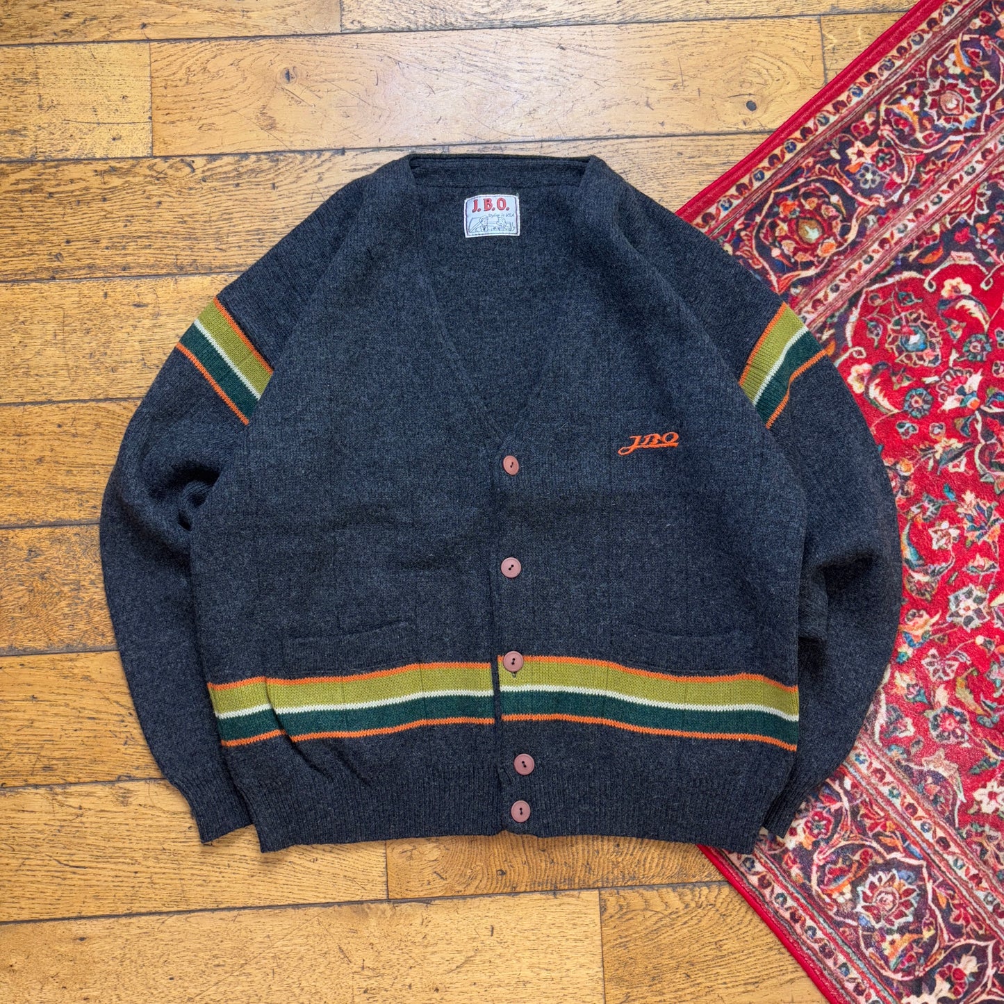 Vintage Grey Stripe Chunky Knit Cardigan Jumper - XL